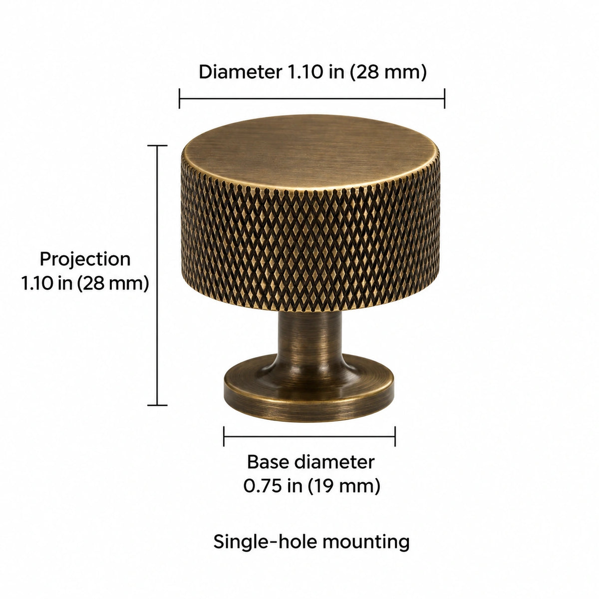 Antique brass knurled-end knob dimensions: Diameter 1.10 in (28 mm); Projection 1.10 in (28 mm); Base diameter 0.75 in (19 mm); Single-hole mounting