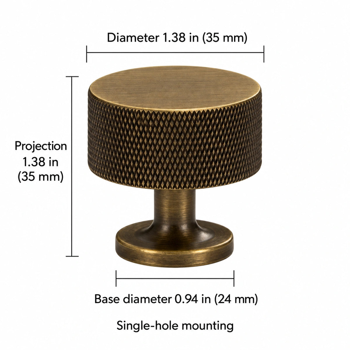 Antique brass knurled-end knob dimensions: Diameter 1.38 in (35 mm); Projection 1.38 in (35 mm); Base diameter 0.94 in (24 mm); Single-hole mounting