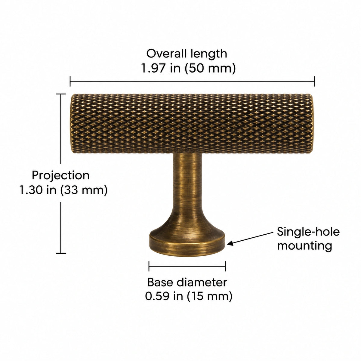 Antique brass knurled-end T-bar dimensions: Overall length 1.97 in (50 mm); Projection 1.30 in (33 mm); Base diameter 0.59 in (15 mm); Single-hole mounting