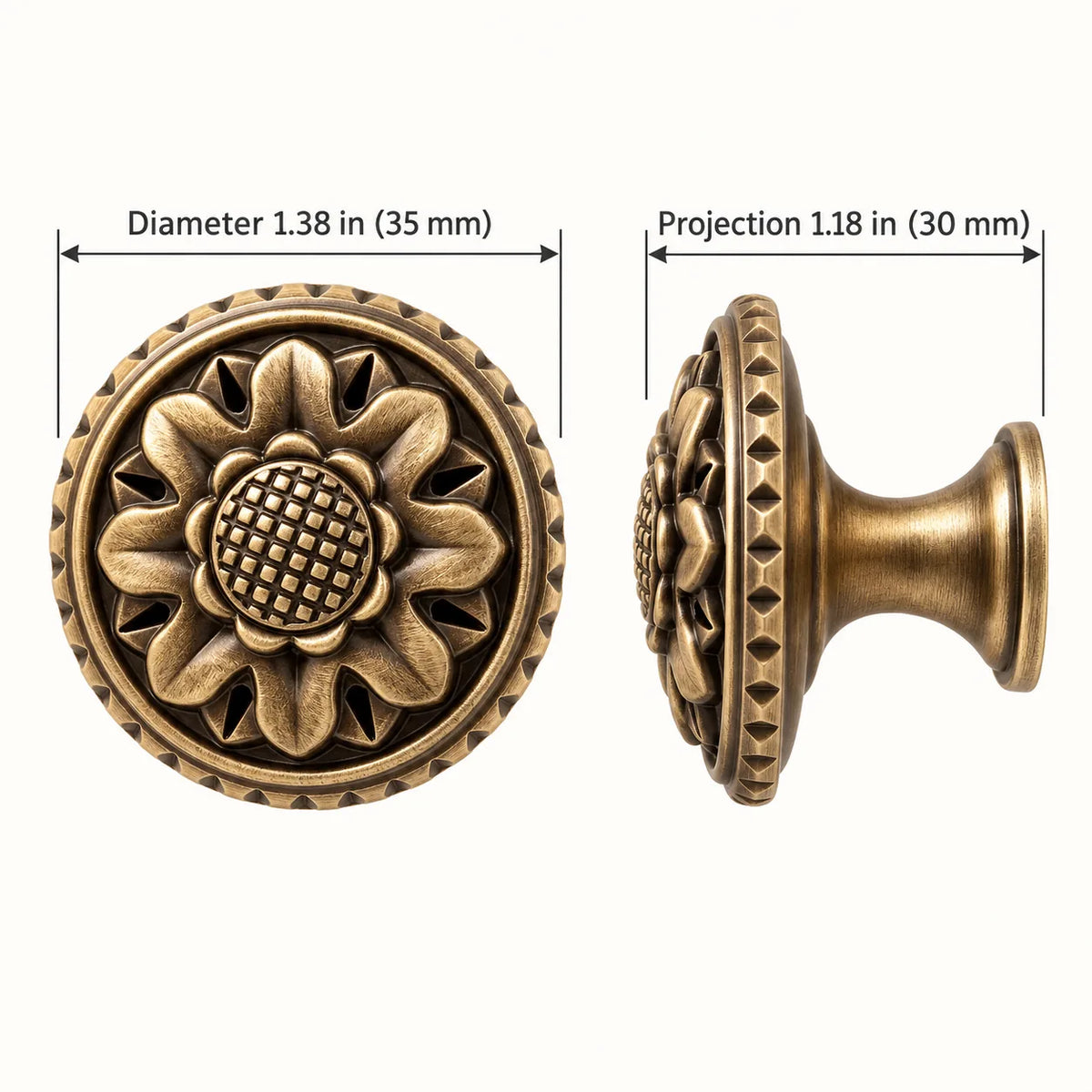 Antique brass chrysanthemum cabinet knob dimensions in inches and mm