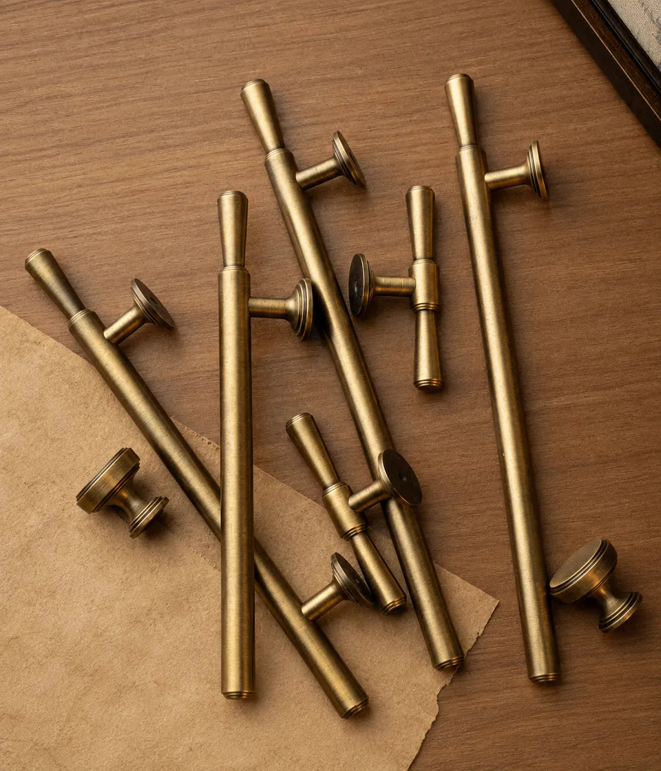Antique brass classic bar cabinet pulls, T-knob and round knobs arranged on wood