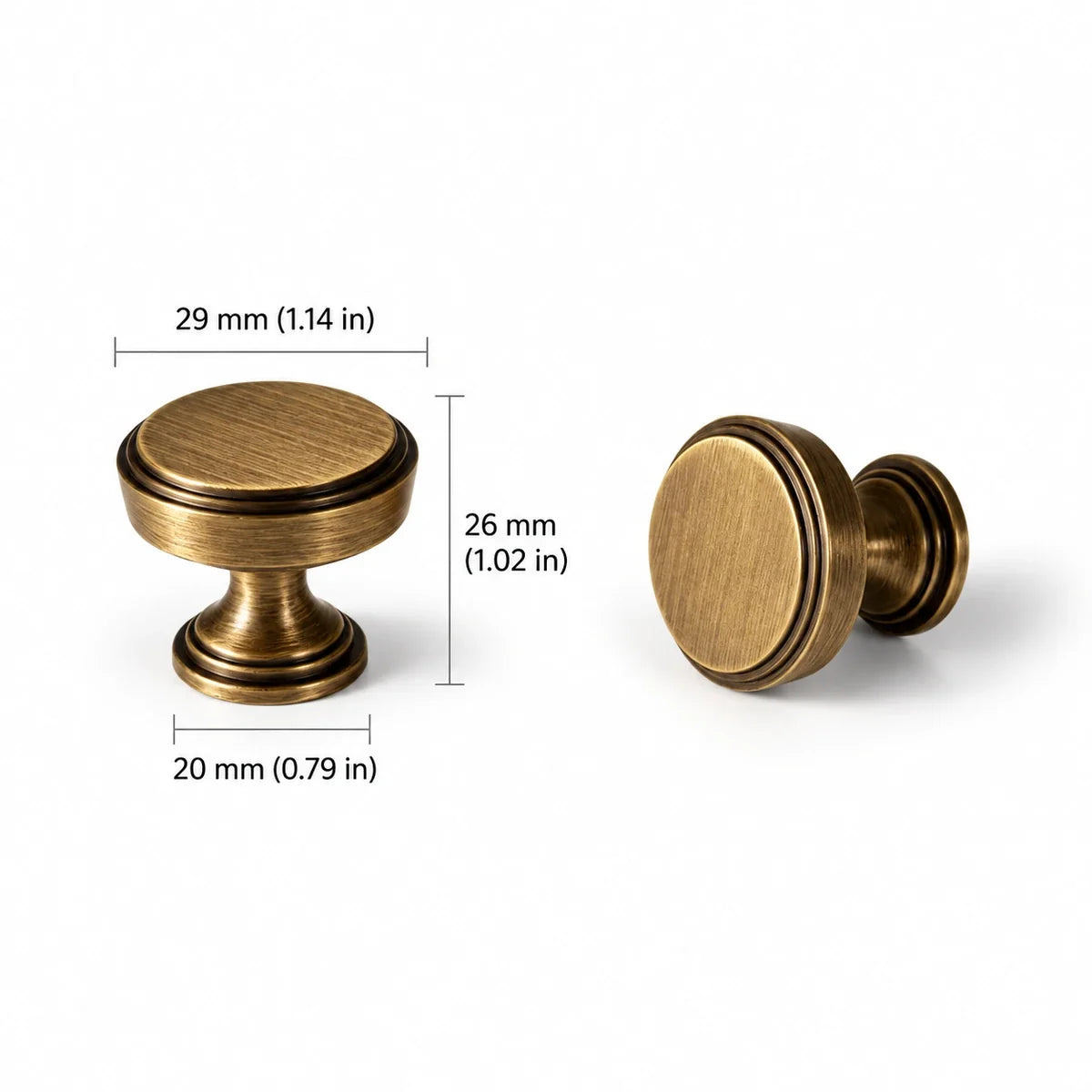 Round brass knob dimensions: 1.14 in (29 mm) diameter and 1.02 in (26 mm) projection