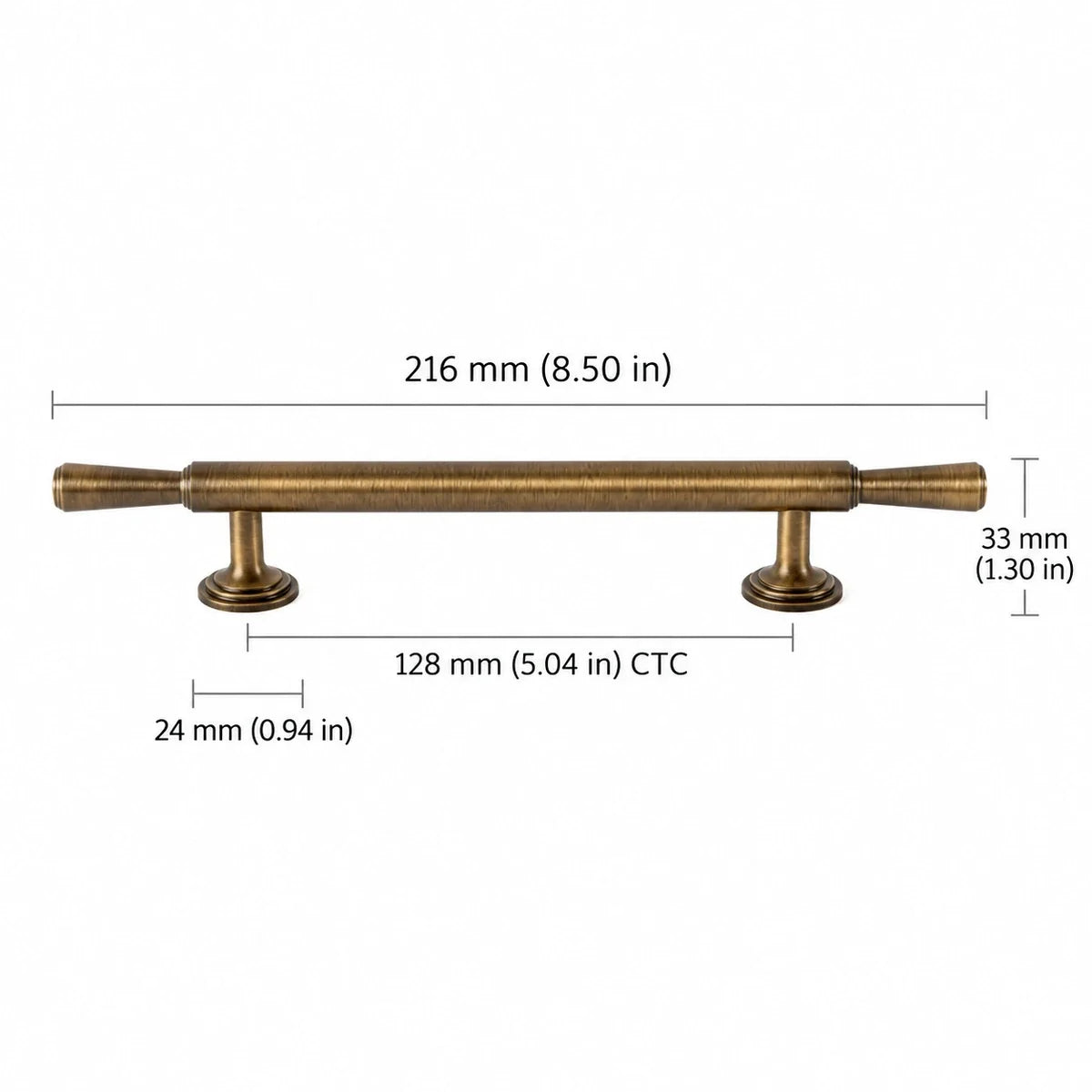 Antique brass bar pull: 5.04 in (128 mm) CTC and 8.50 in (216 mm) overall length