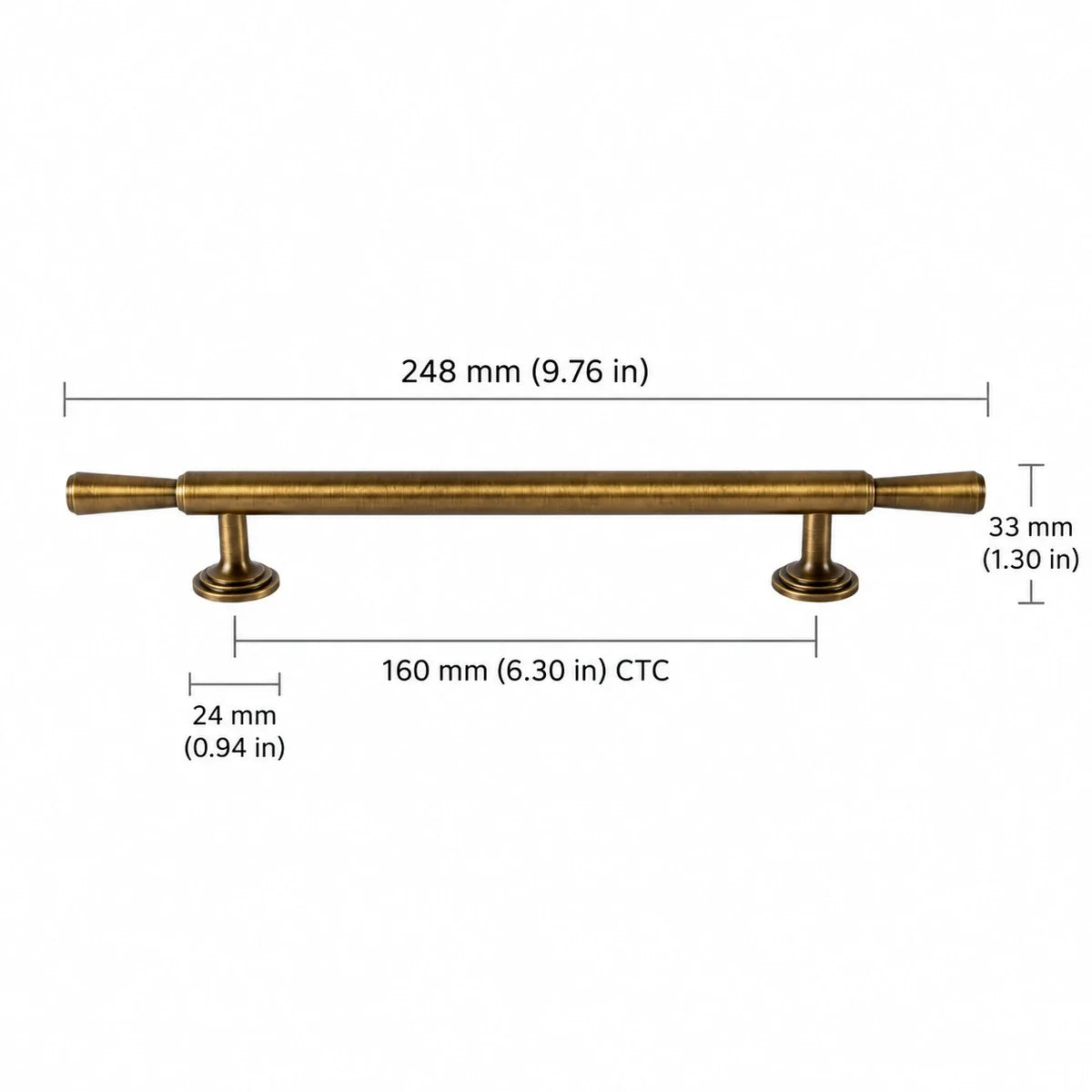 Antique brass bar pull: 6.30 in (160 mm) CTC and 9.76 in (248 mm) overall length