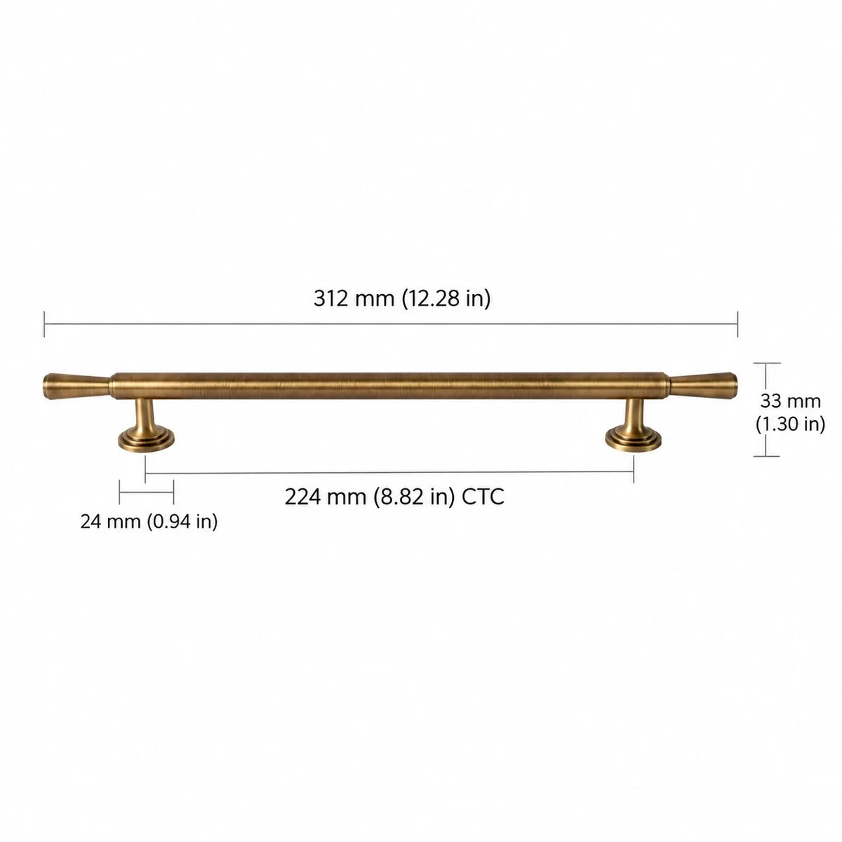 Antique brass bar pull: 8.82 in (224 mm) CTC and 12.28 in (312 mm) overall length