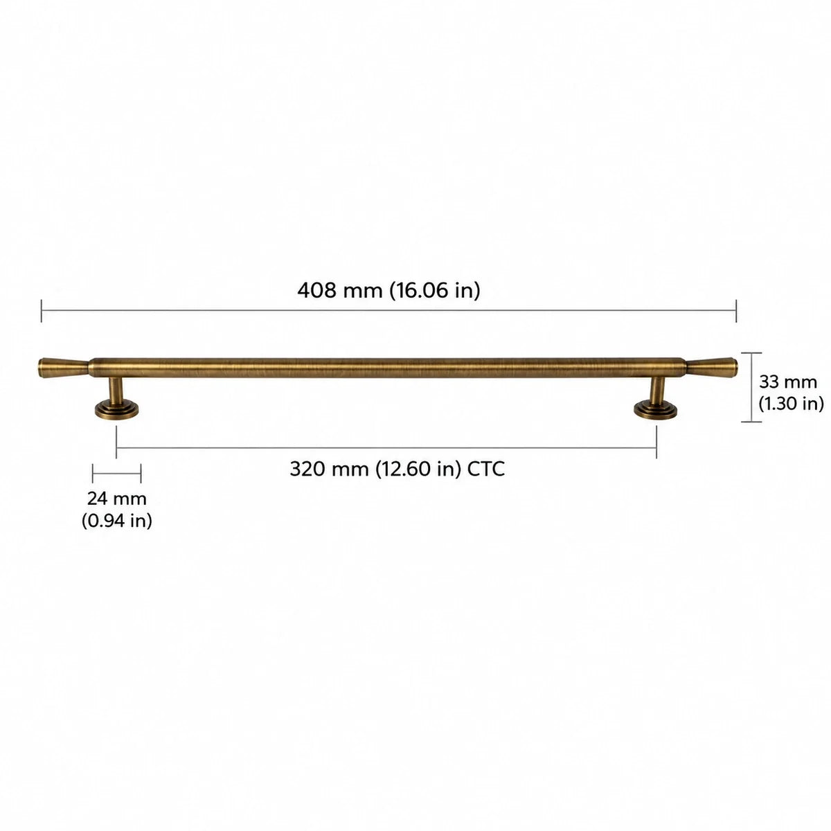 Antique brass bar pull: 12.60 in (320 mm) CTC and 16.06 in (408 mm) overall length