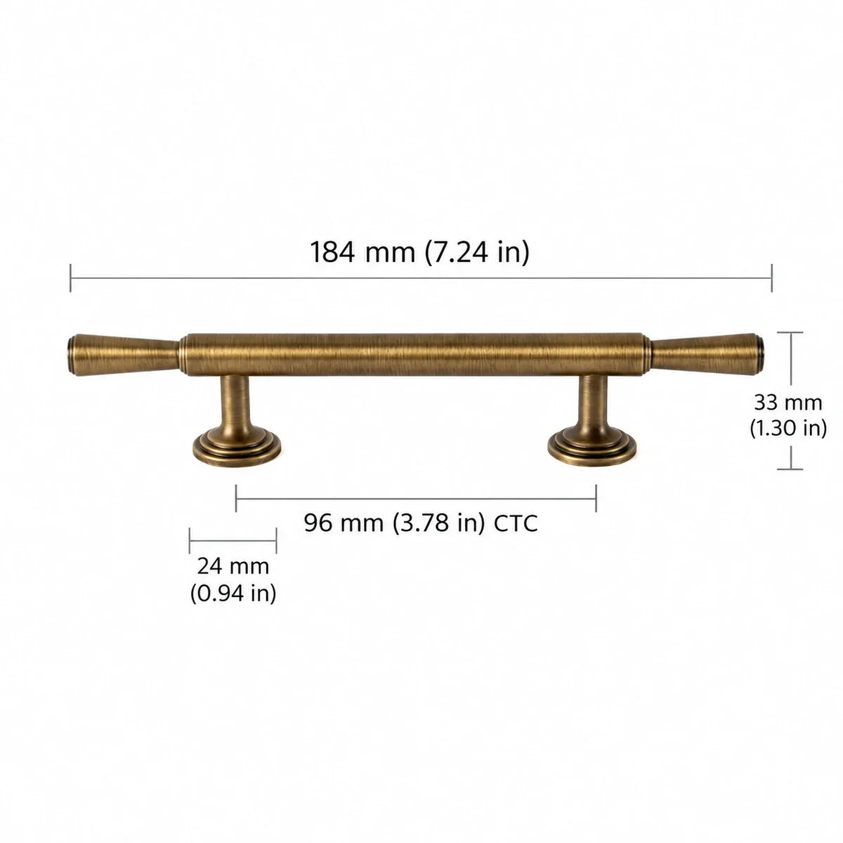 Antique brass bar pull: 3.78 in (96 mm) CTC and 7.24 in (184 mm) overall length