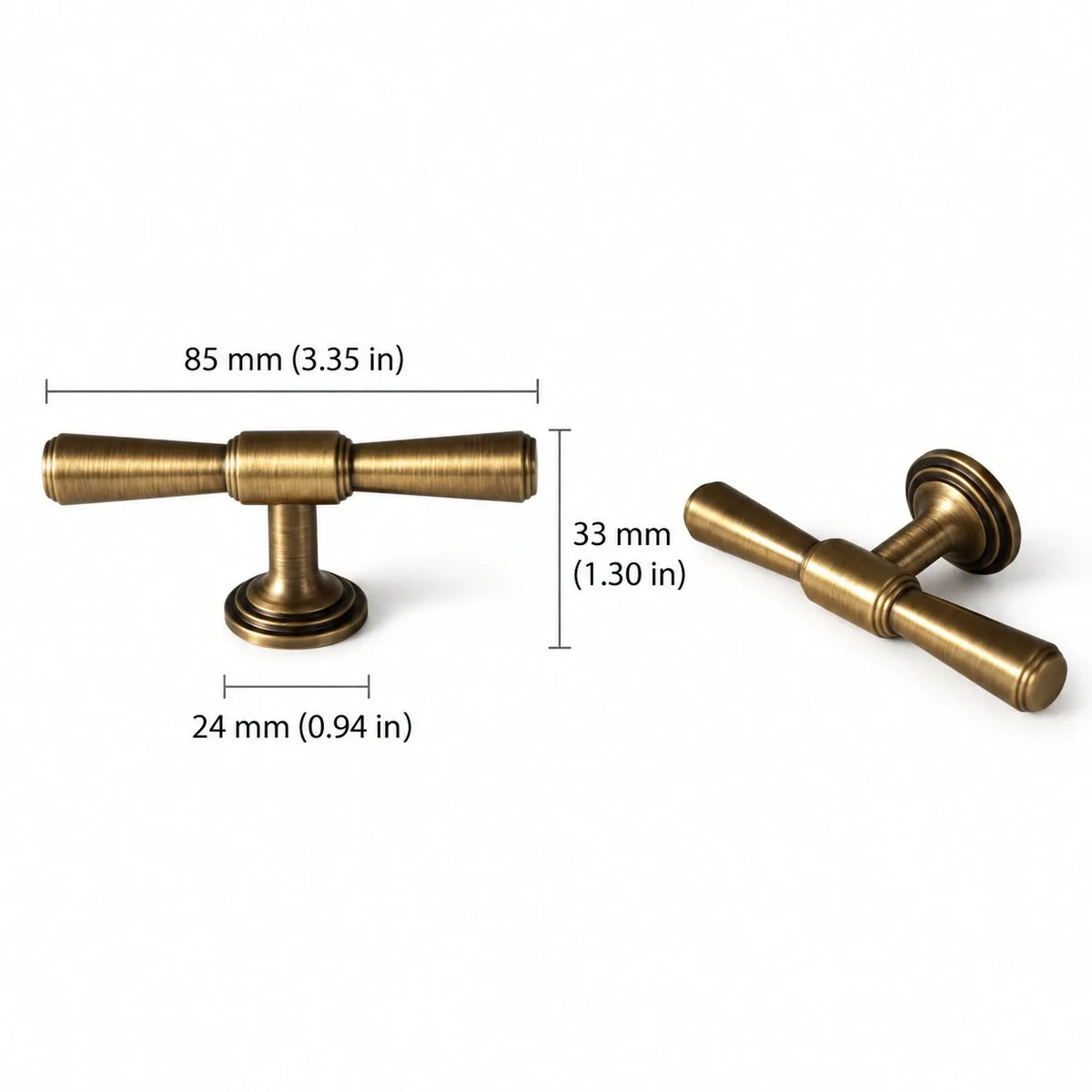 Antique brass T-knob dimensions: 3.35 in (85 mm) length and 1.30 in (33 mm) projection