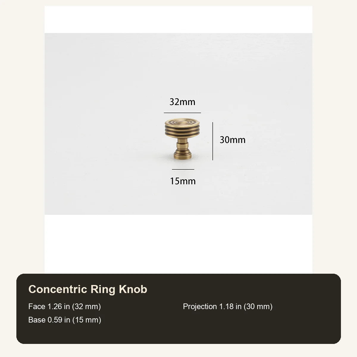 Antique brass concentric-ring cabinet knob dimensions in inches and millimeters