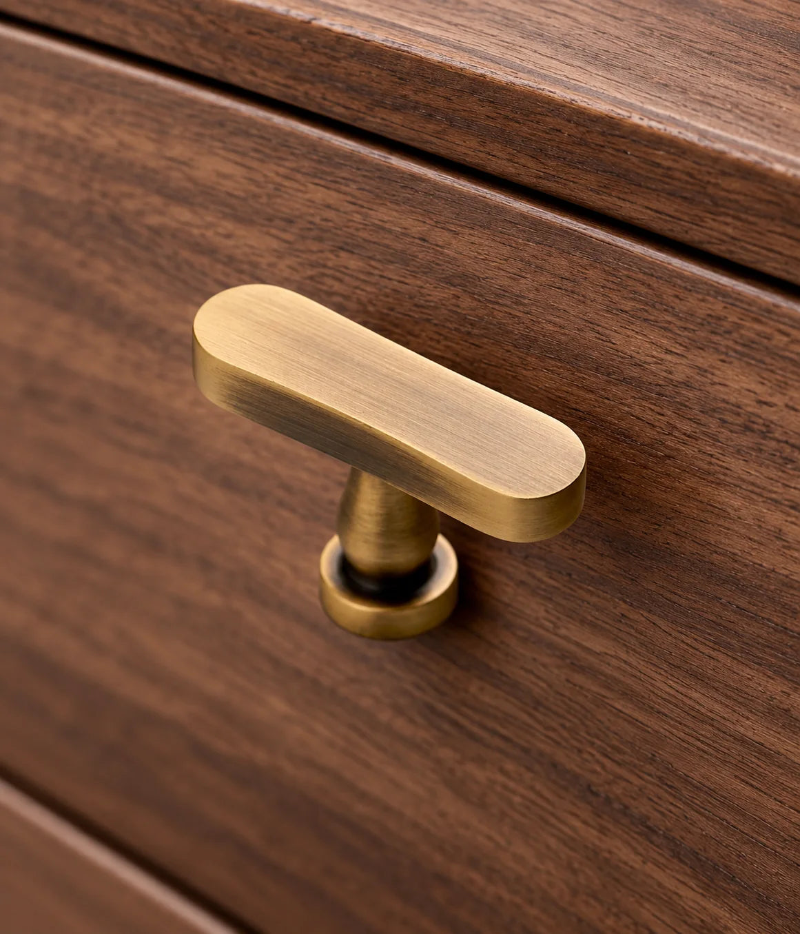 Antique brass oval T-knob on a walnut drawer front