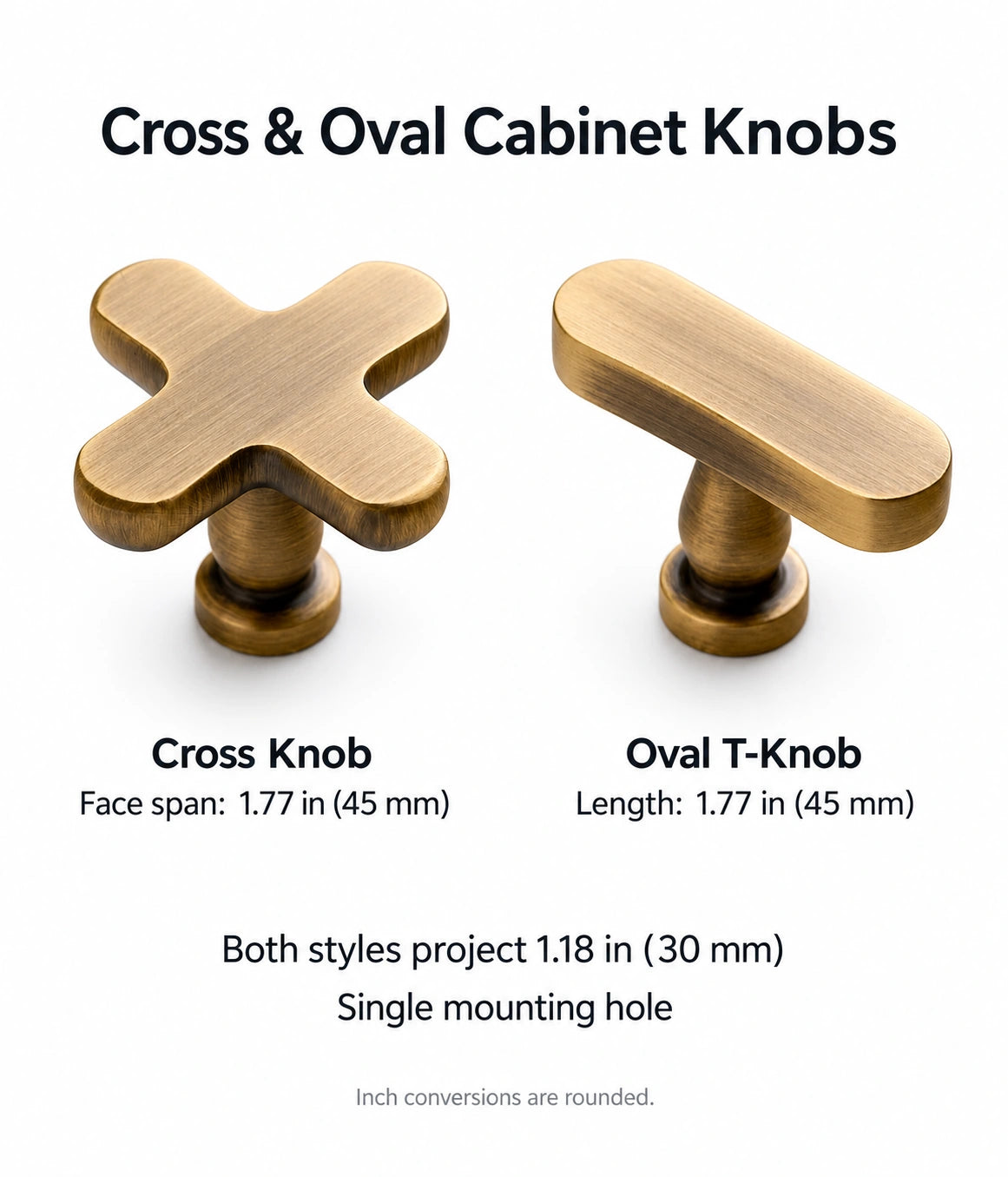 Cross and oval cabinet knob dimensions: 1.77 inches (45 mm) face span or length, 1.18 inches (30 mm) projection