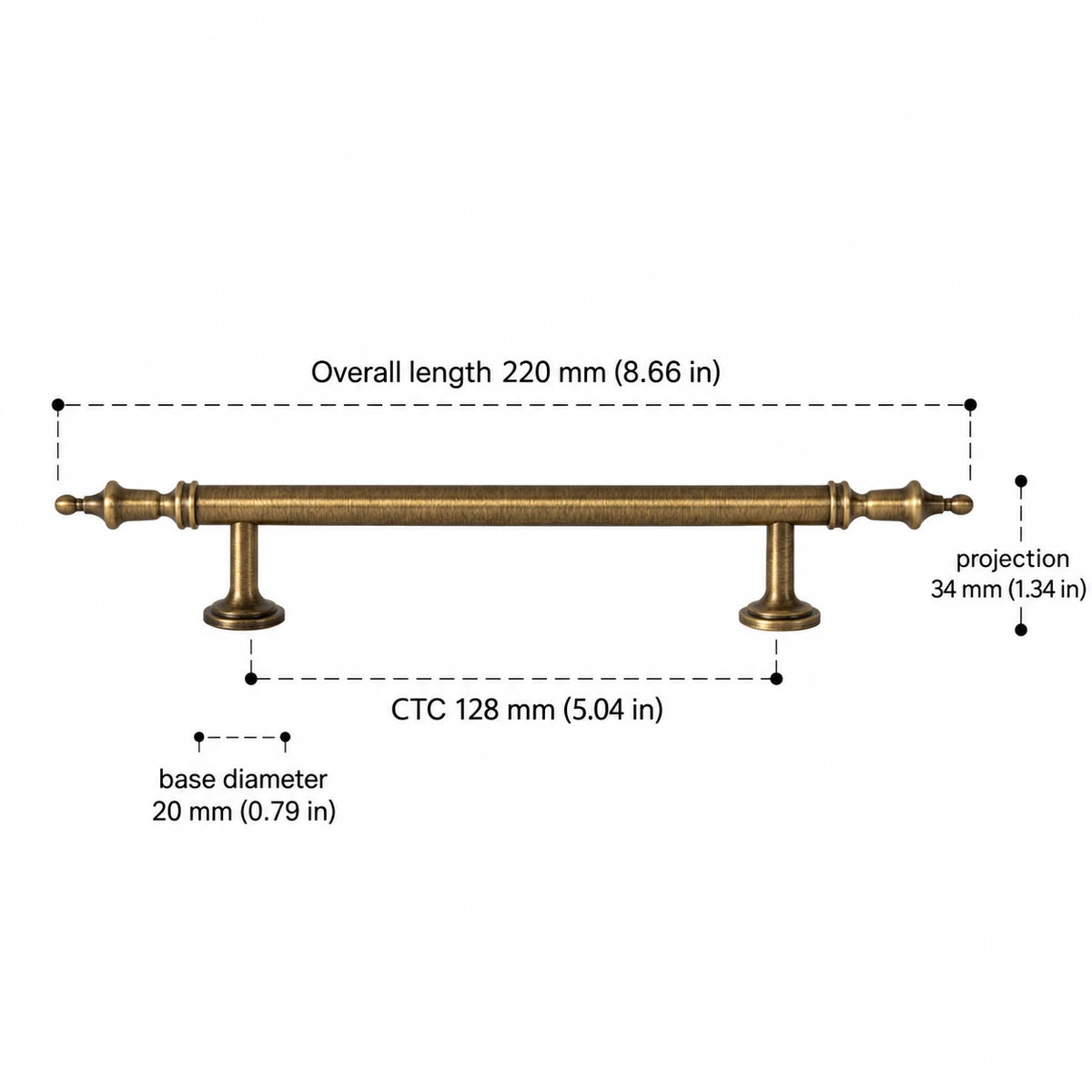 Antique brass crown cabinet pull dimensions — 128 mm CTC with inch measurements