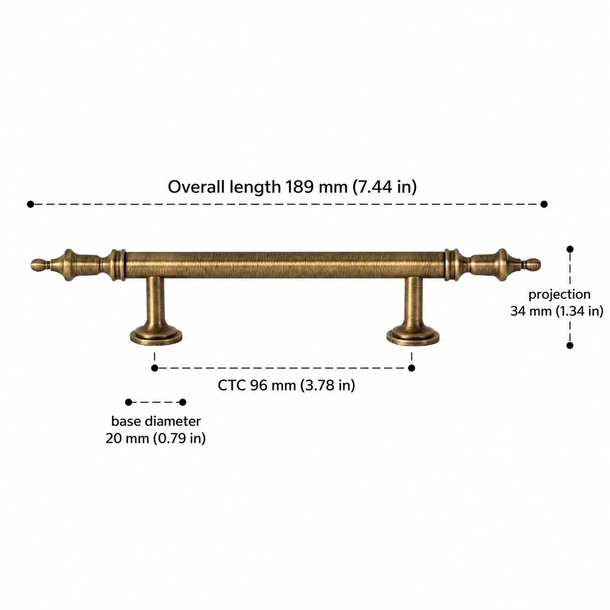Antique brass crown cabinet pull dimensions — 96 mm CTC with inch measurements