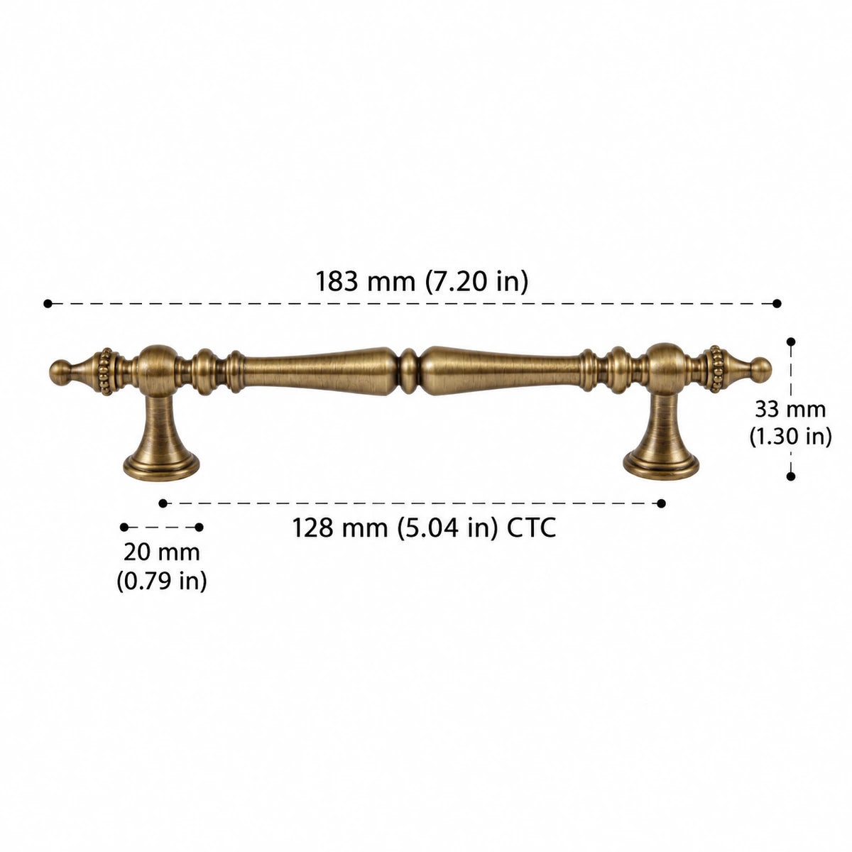Crown Finial Pull — 5.04″ (128 mm) CTC — inch and mm dimension chart