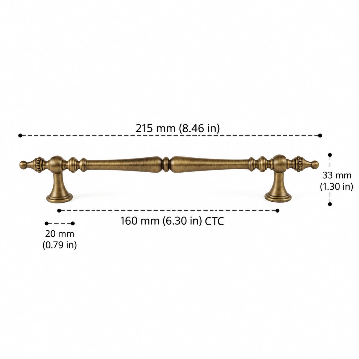 Crown Finial Pull — 6.30″ (160 mm) CTC — inch and mm dimension chart