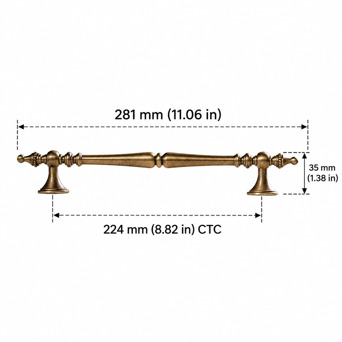 Crown Finial Pull — 8.82″ (224 mm) CTC — inch and mm dimension chart