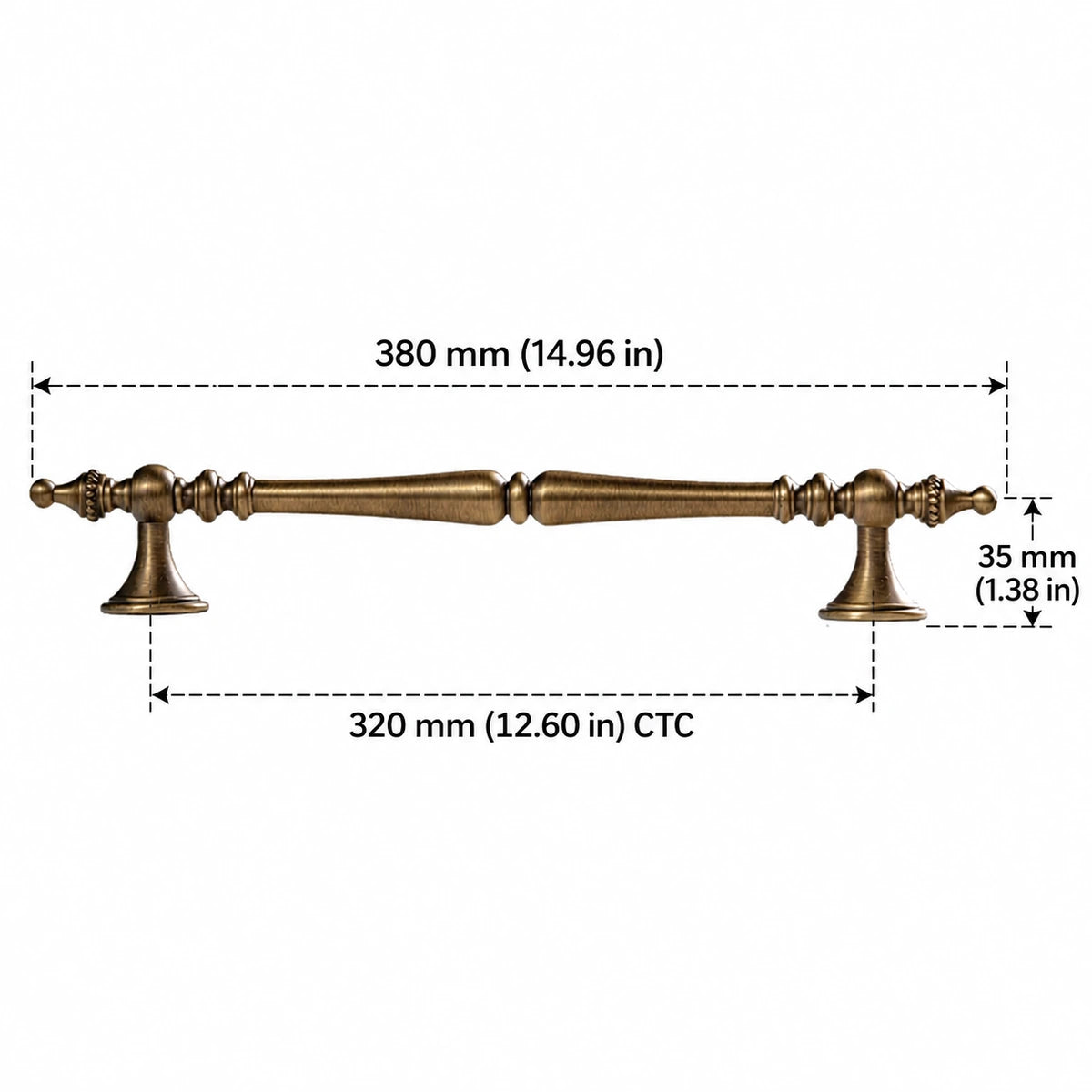 Crown Finial Pull — 12.60″ (320 mm) CTC — inch and mm dimension chart