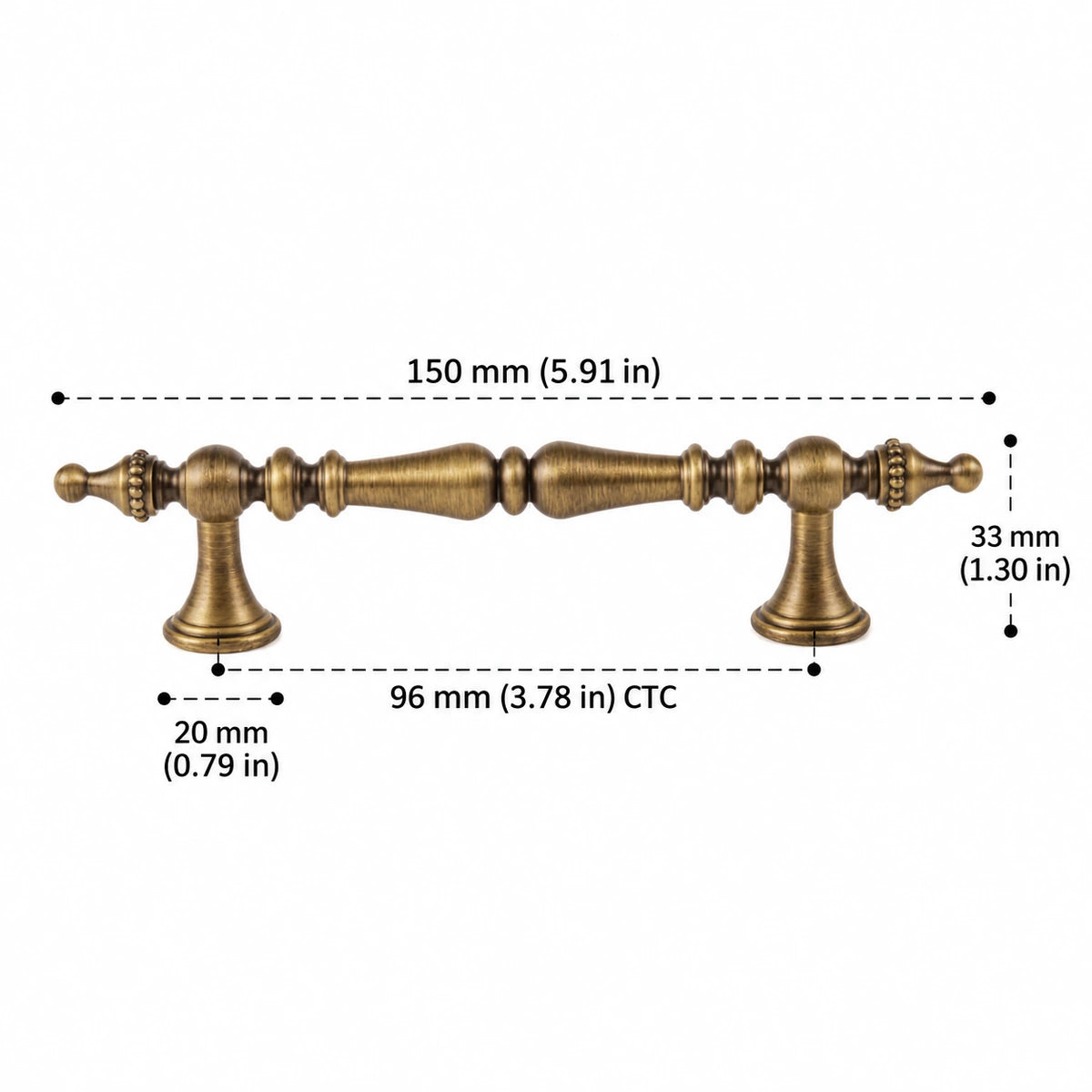 Crown Finial Pull — 3.78″ (96 mm) CTC — inch and mm dimension chart