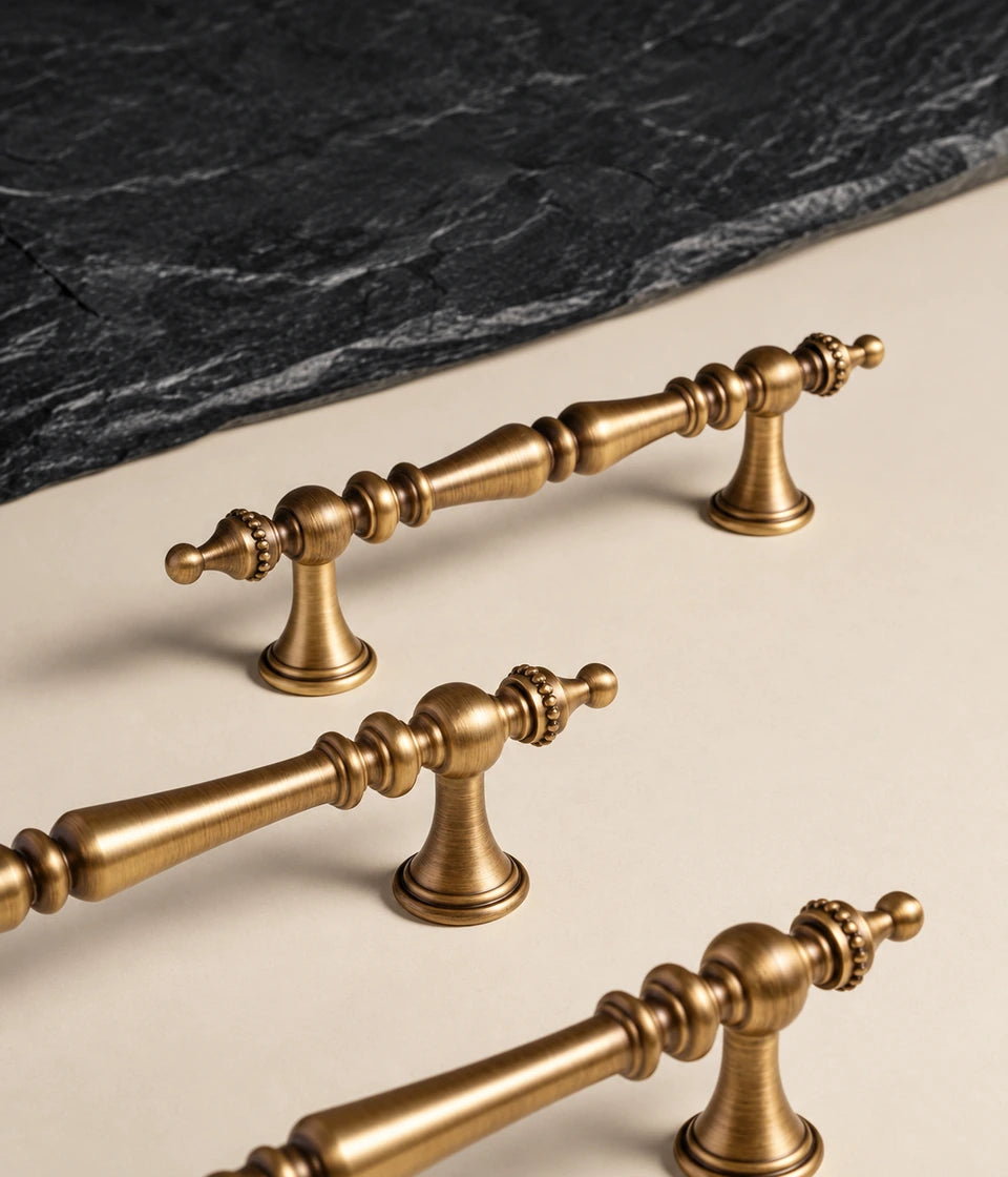 Crown finial pulls showing double tapered grips and flared mounting posts