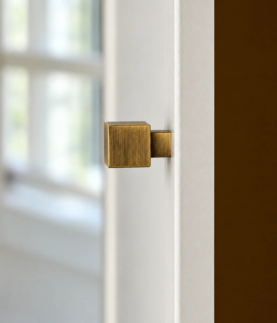 Side view of a square brass cube knob with a narrow square stem