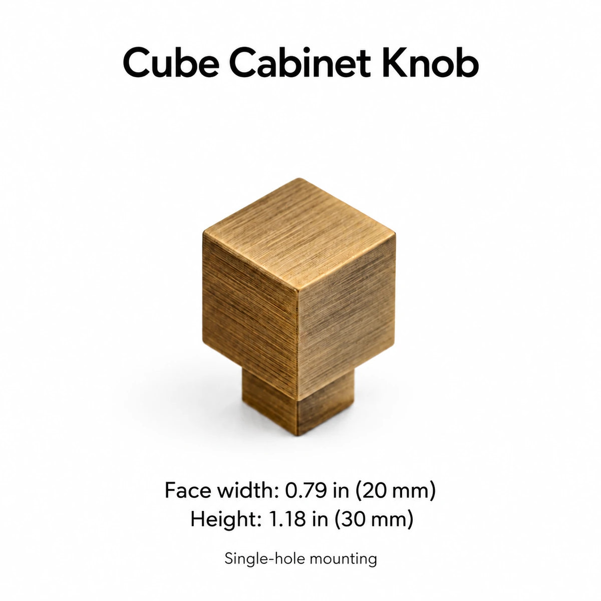 Cube cabinet knob dimensions: 0.79 in (20 mm) face width and 1.18 in (30 mm) height
