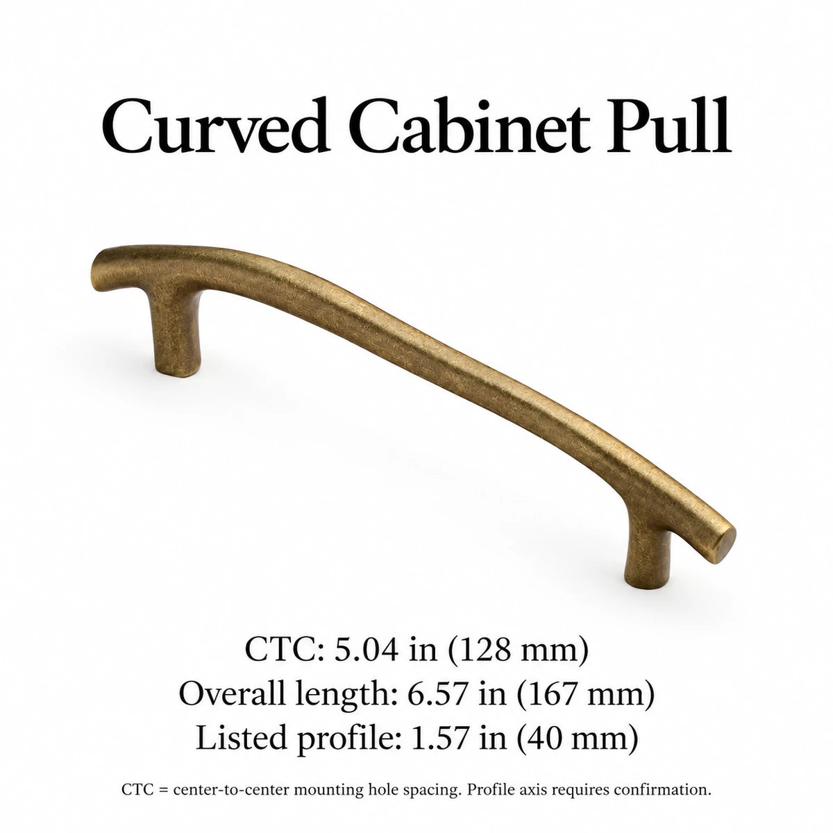 Curved antique brass cabinet pull with 5.04 inch (128 mm) CTC and 6.57 inch (167 mm) overall length