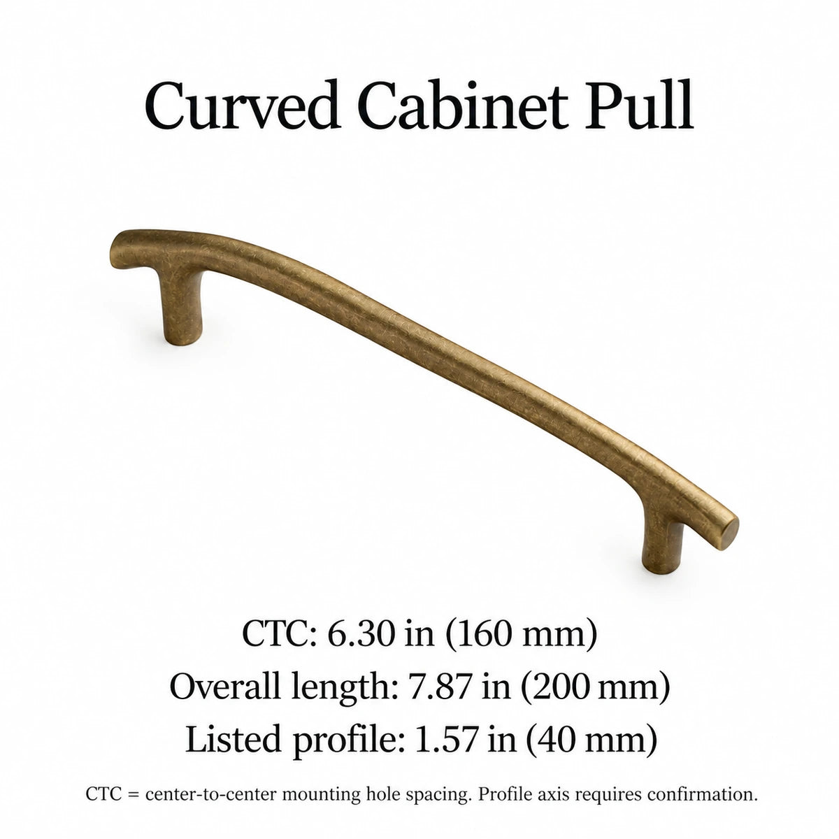 Curved antique brass cabinet pull with 6.30 inch (160 mm) CTC and 7.87 inch (200 mm) overall length