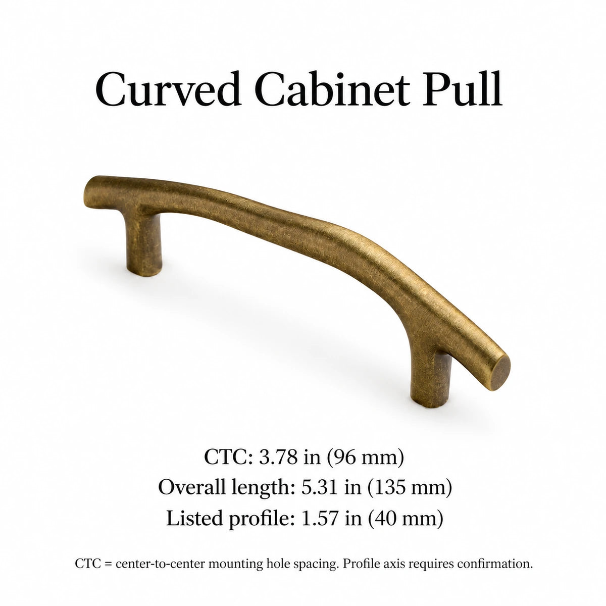 Curved antique brass cabinet pull with 3.78 inch (96 mm) CTC and 5.31 inch (135 mm) overall length
