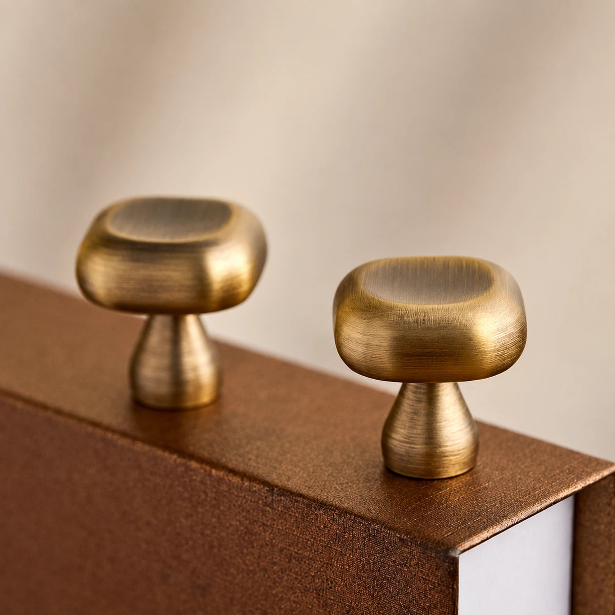 Antique brass cushion knobs showing rounded faces and tapered stems