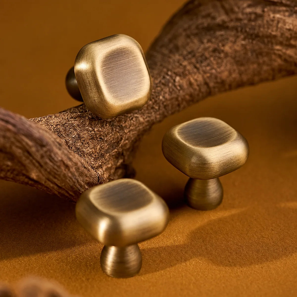 Brushed antique brass cushion knobs arranged beside a wooden branch