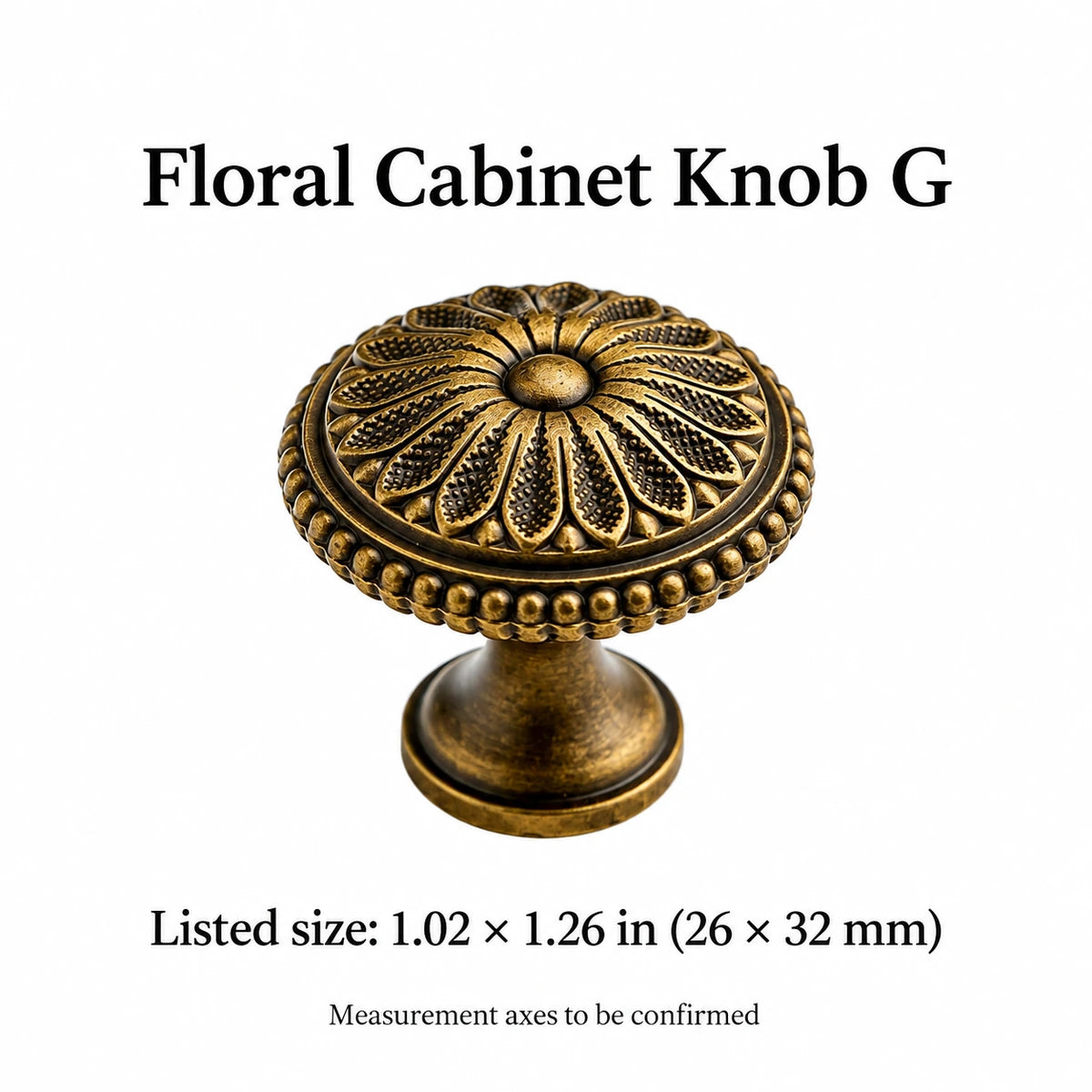 Floral G cabinet knob in antique brass with listed size in inches and mm; measurement axes to confirm