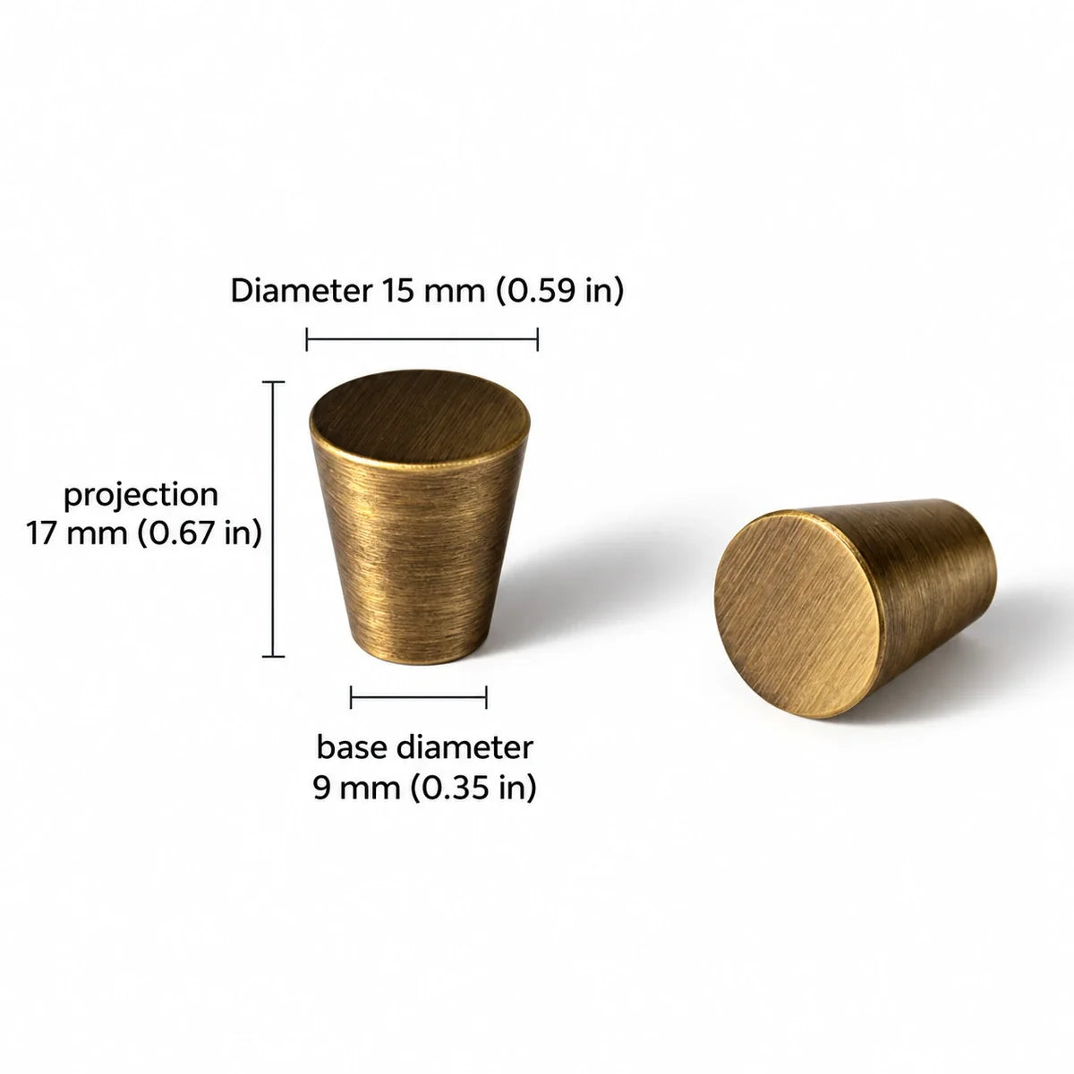 Cone Knob — 0.59″ (15 mm) Diameter — antique brass dimensions in inches and mm