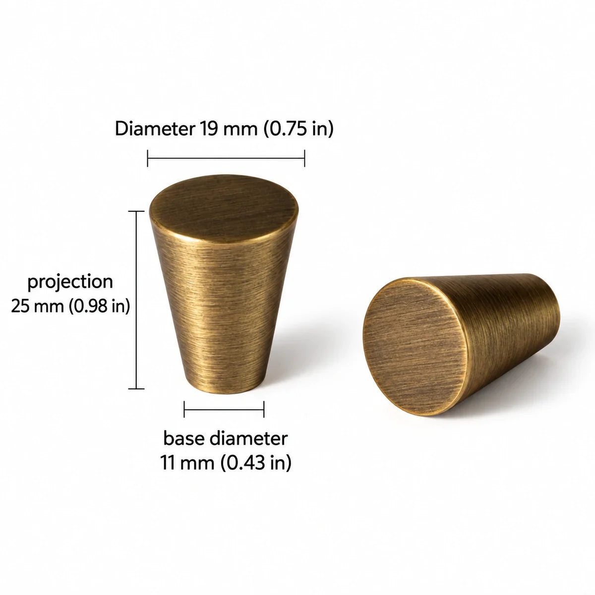 Cone Knob — 0.75″ (19 mm) Diameter — antique brass dimensions in inches and mm
