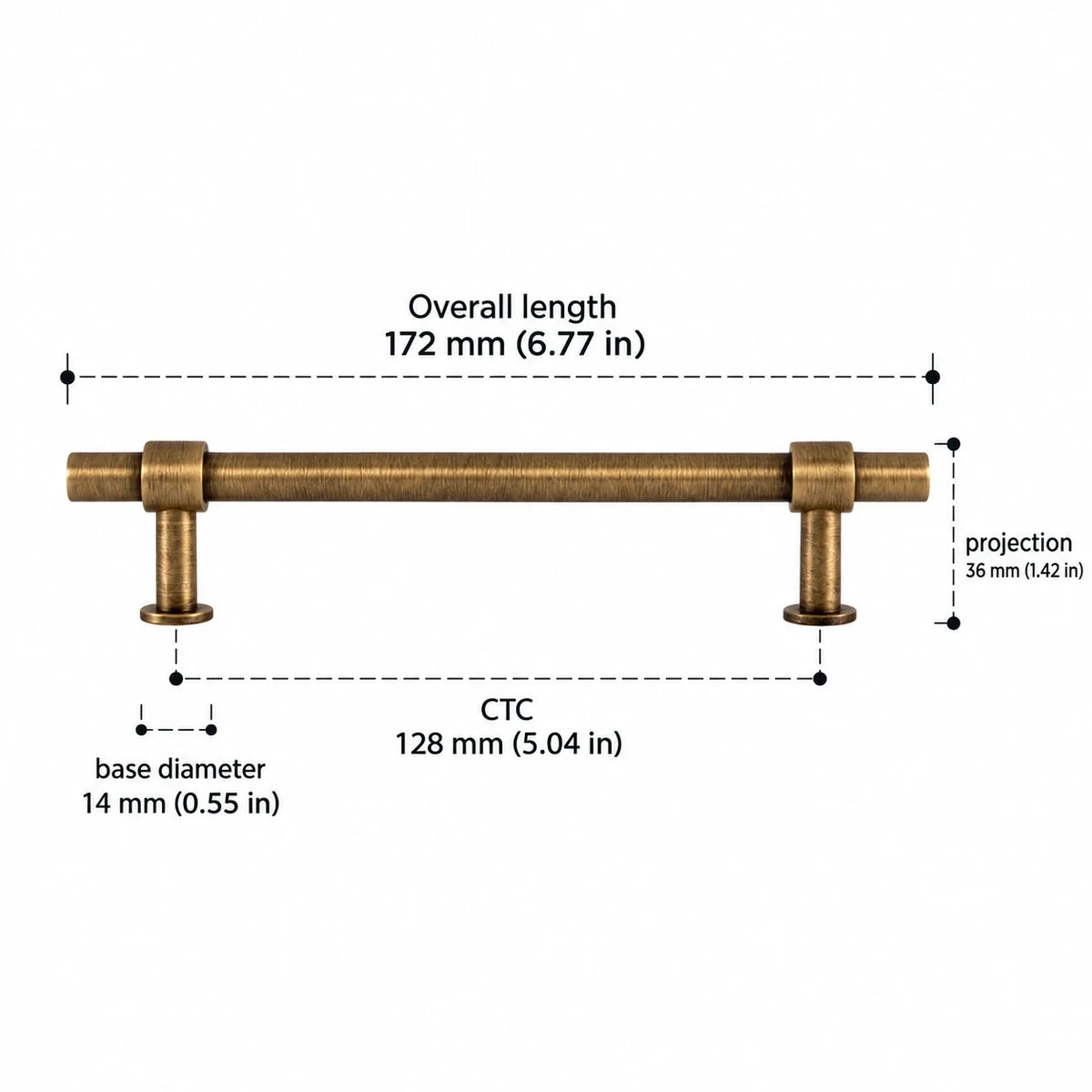 Cylinder Pull — 5.04″ (128 mm) CTC — antique brass dimensions in inches and mm