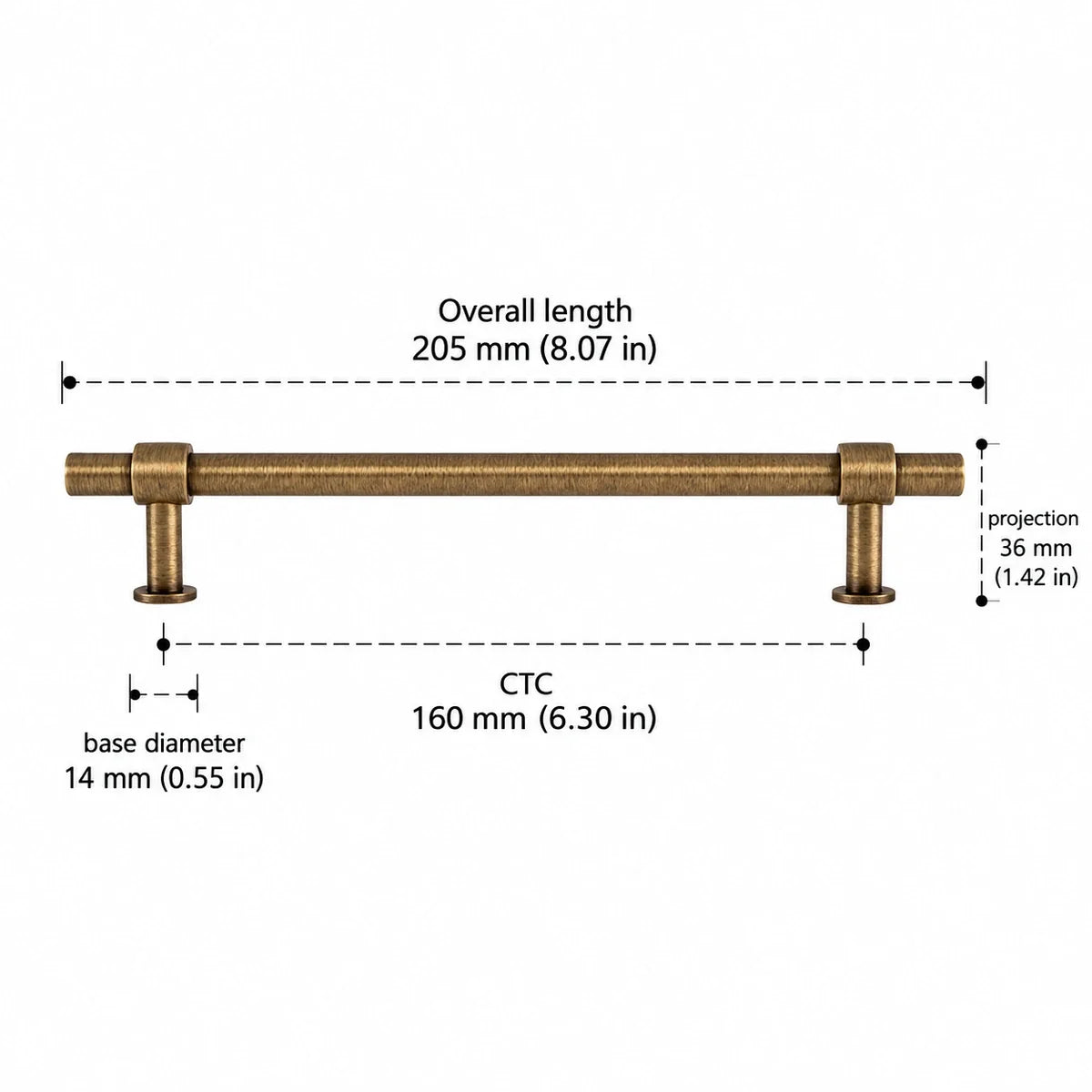 Cylinder Pull — 6.30″ (160 mm) CTC — antique brass dimensions in inches and mm