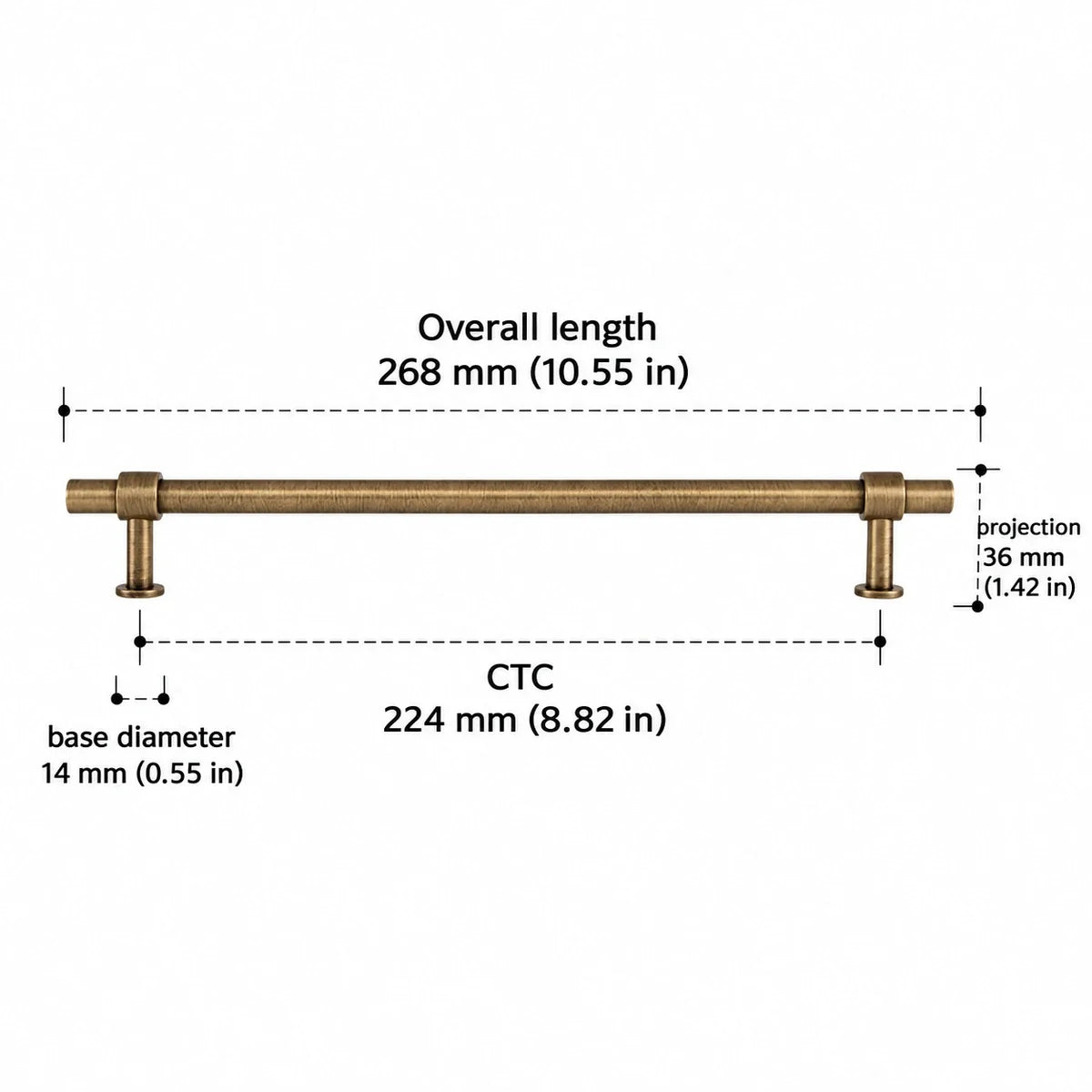 Cylinder Pull — 8.82″ (224 mm) CTC — antique brass dimensions in inches and mm