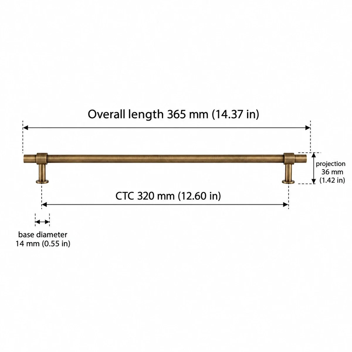 Cylinder Pull — 12.60″ (320 mm) CTC — antique brass dimensions in inches and mm