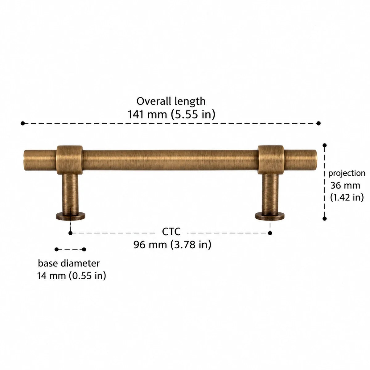 Cylinder Pull — 3.78″ (96 mm) CTC — antique brass dimensions in inches and mm