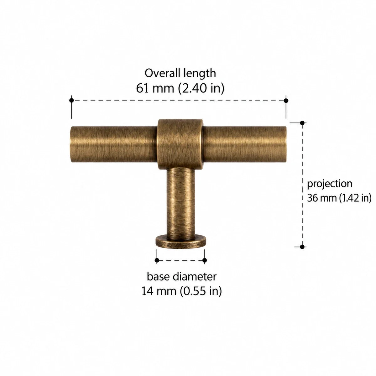 T-Knob — 2.40″ (61 mm) Length — antique brass dimensions in inches and mm