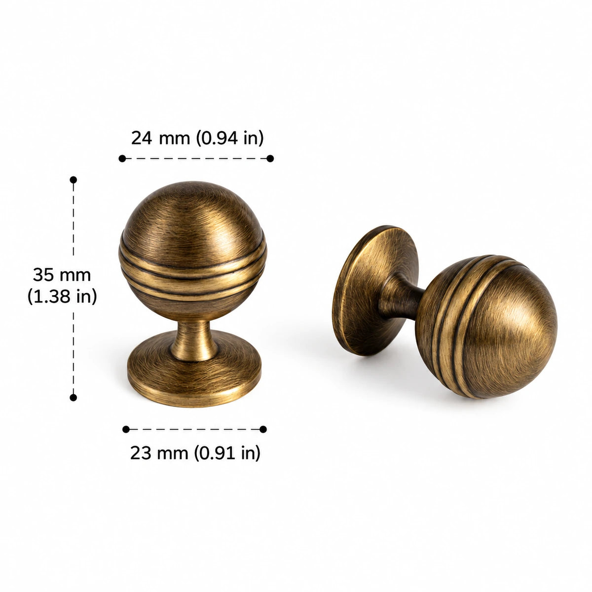 Antique brass grooved ball knob, 24 mm diameter with dimensions in inches and mm