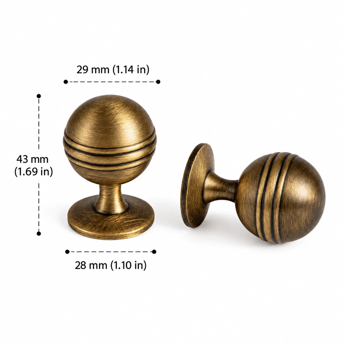 Antique brass grooved ball knob, 29 mm diameter with dimensions in inches and mm