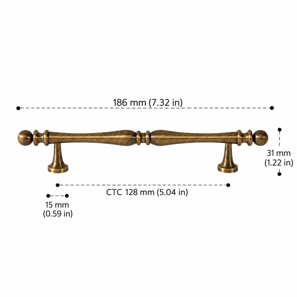 Antique brass decorative cabinet pull, 128 mm CTC with dimensions in inches and mm
