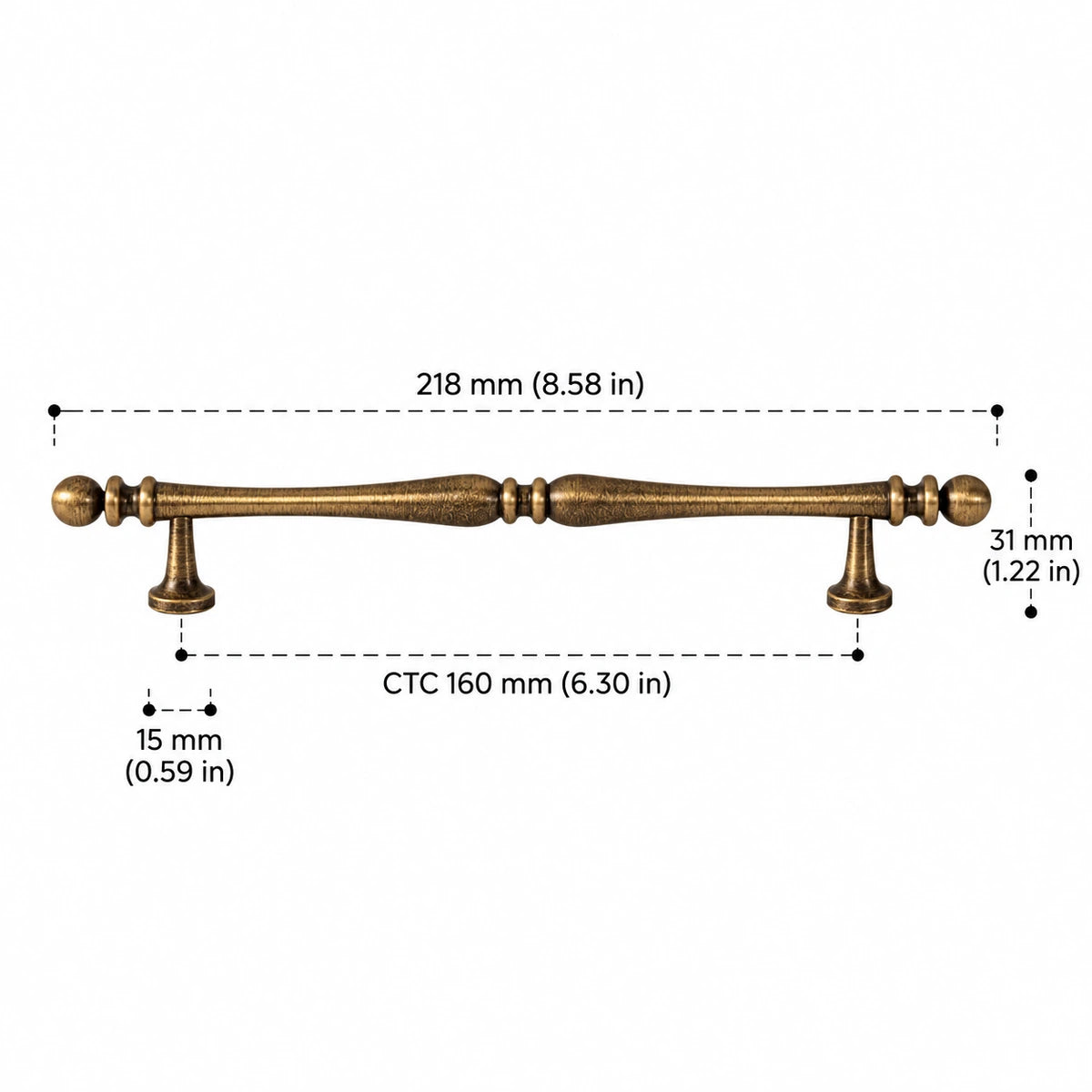 Antique brass decorative cabinet pull, 160 mm CTC with dimensions in inches and mm