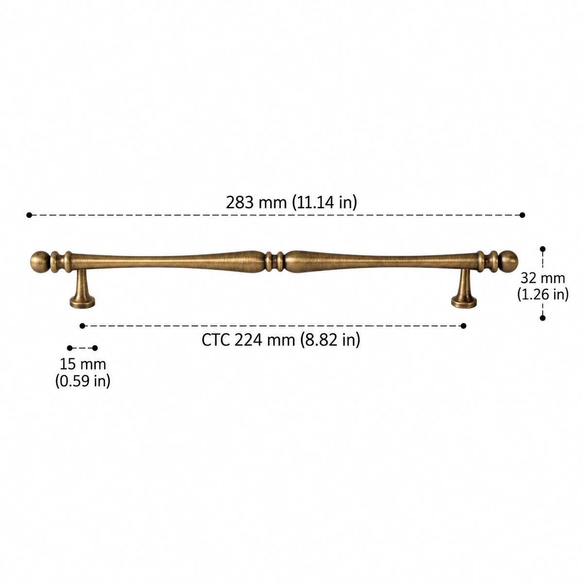 Antique brass decorative cabinet pull, 224 mm CTC with dimensions in inches and mm
