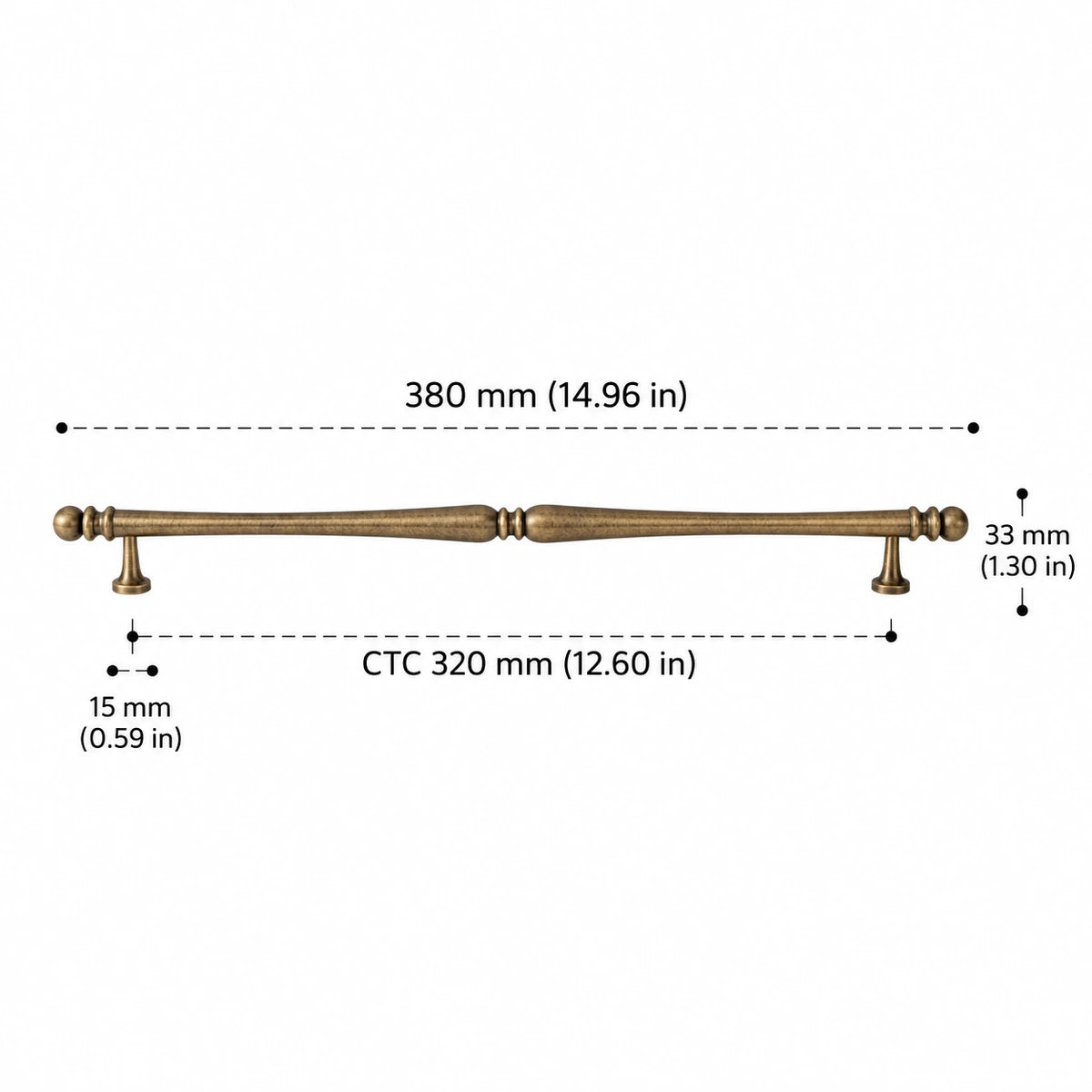 Antique brass decorative cabinet pull, 320 mm CTC with dimensions in inches and mm