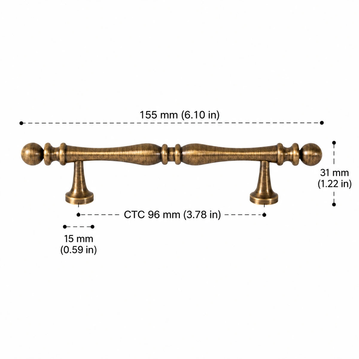 Antique brass decorative cabinet pull, 96 mm CTC with dimensions in inches and mm