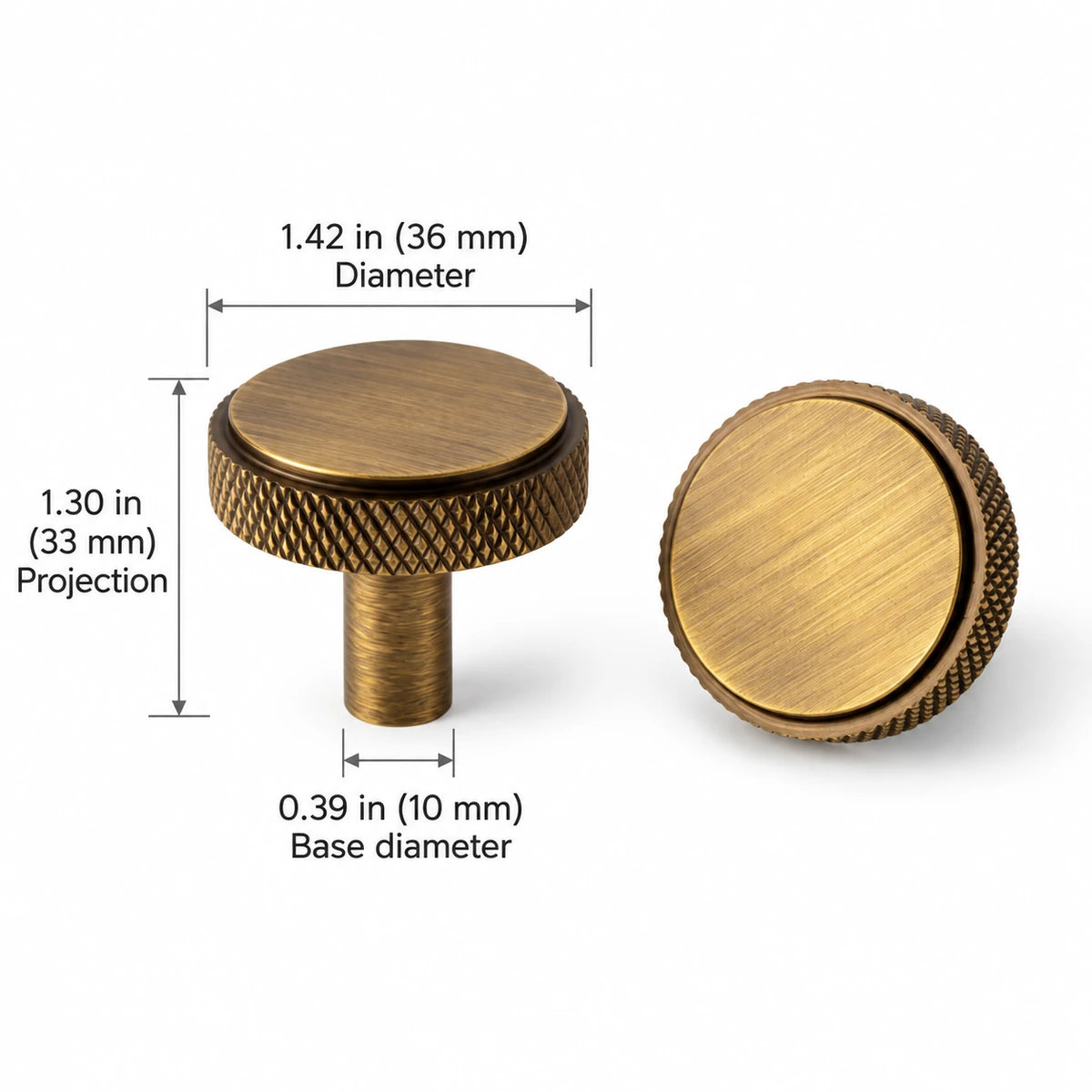 Wide Disc Knob — 1.42″ (36 mm) Diameter — overall 1.42″ (36 mm), projection 1.30″ (33 mm), base or post diameter 0.39″ (10 mm)