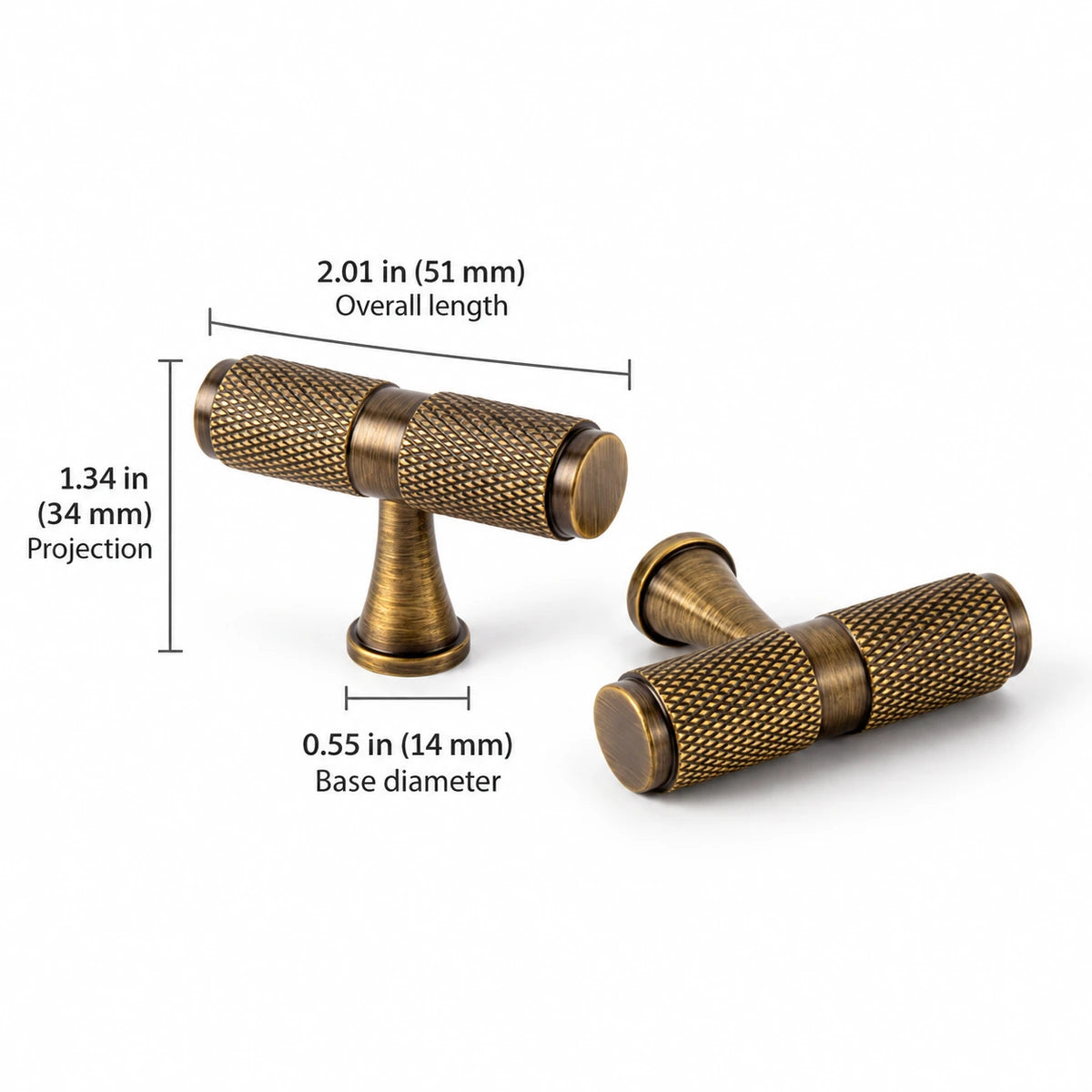 T-Knob — 2.01″ (51 mm) Length — overall 2.01″ (51 mm), projection 1.34″ (34 mm), base or post diameter 0.55″ (14 mm)