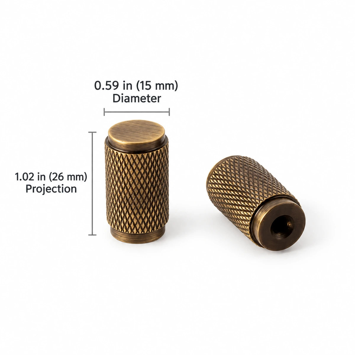 Cylinder Knob — 0.59″ (15 mm) Diameter — overall 0.59″ (15 mm), projection 1.02″ (26 mm)