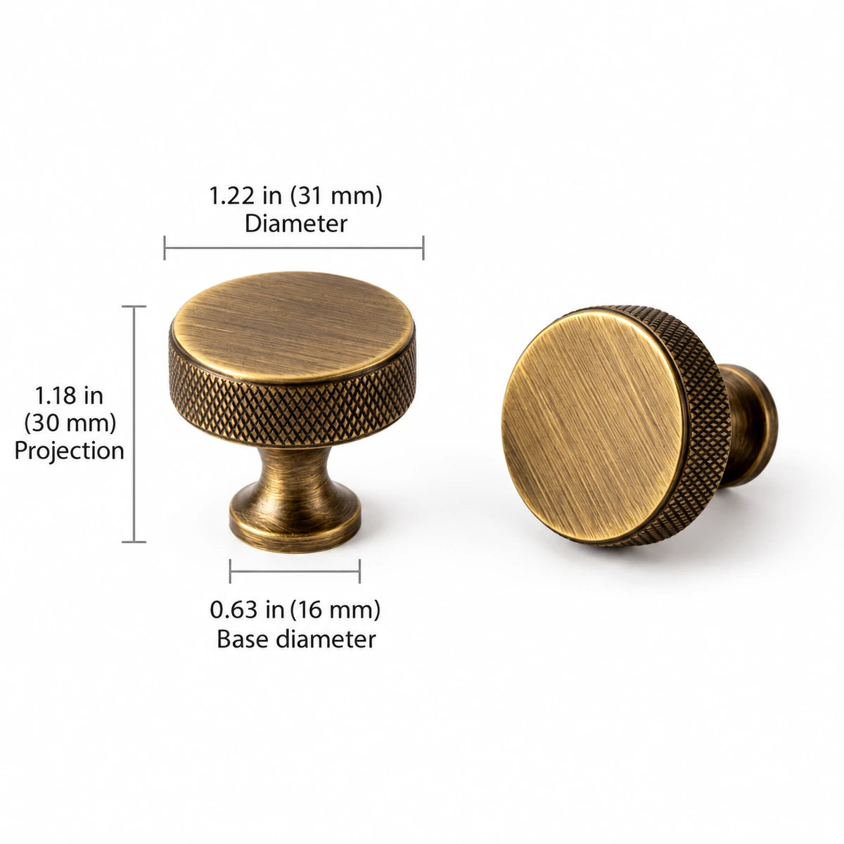 Flared Disc Knob — 1.22″ (31 mm) Diameter — overall 1.22″ (31 mm), projection 1.18″ (30 mm), base or post diameter 0.63″ (16 mm)